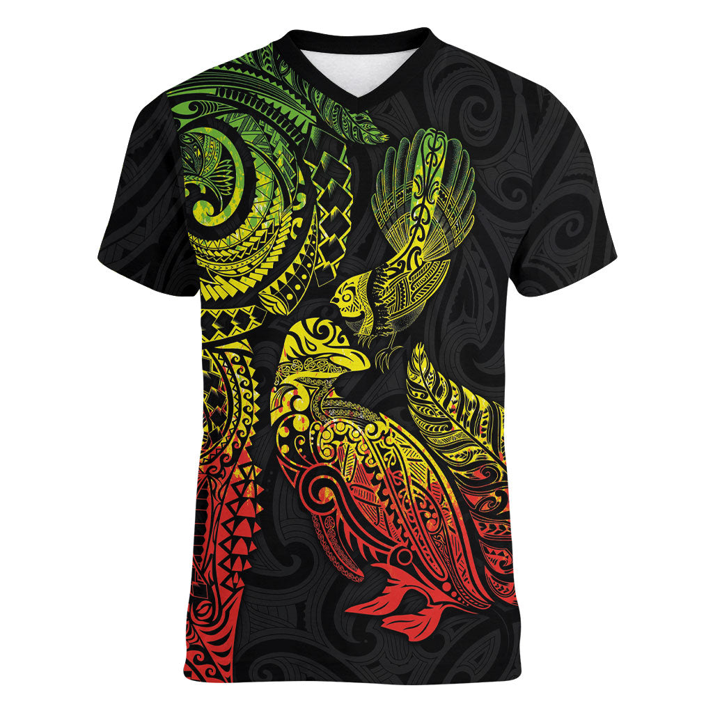 Aotearoa Moko Tribal Tattoo Women V-Neck T-Shirt New Zealand Maori Penguin and Fantail Reggae Style