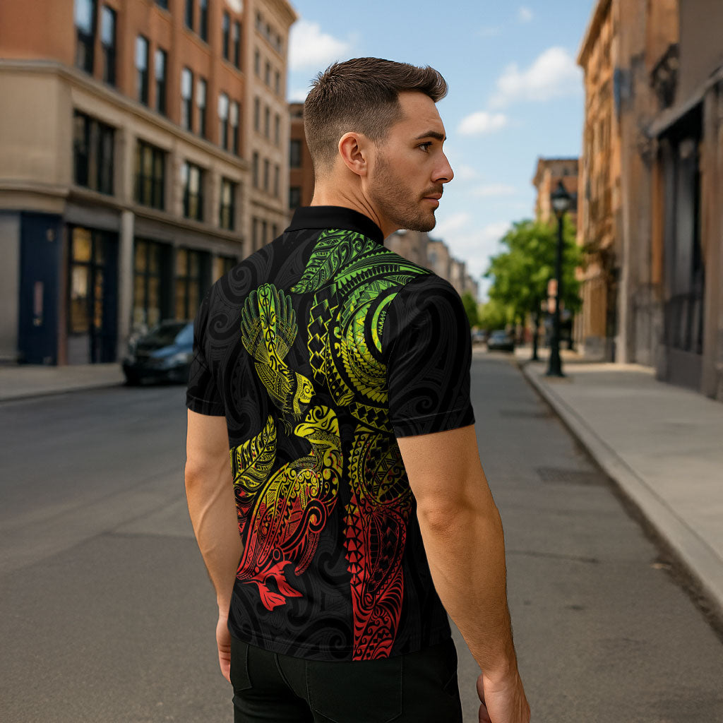 Aotearoa Moko Tribal Tattoo Zipper Polo Shirt New Zealand Maori Penguin and Fantail Reggae Style LT03 - Polynesian Pride