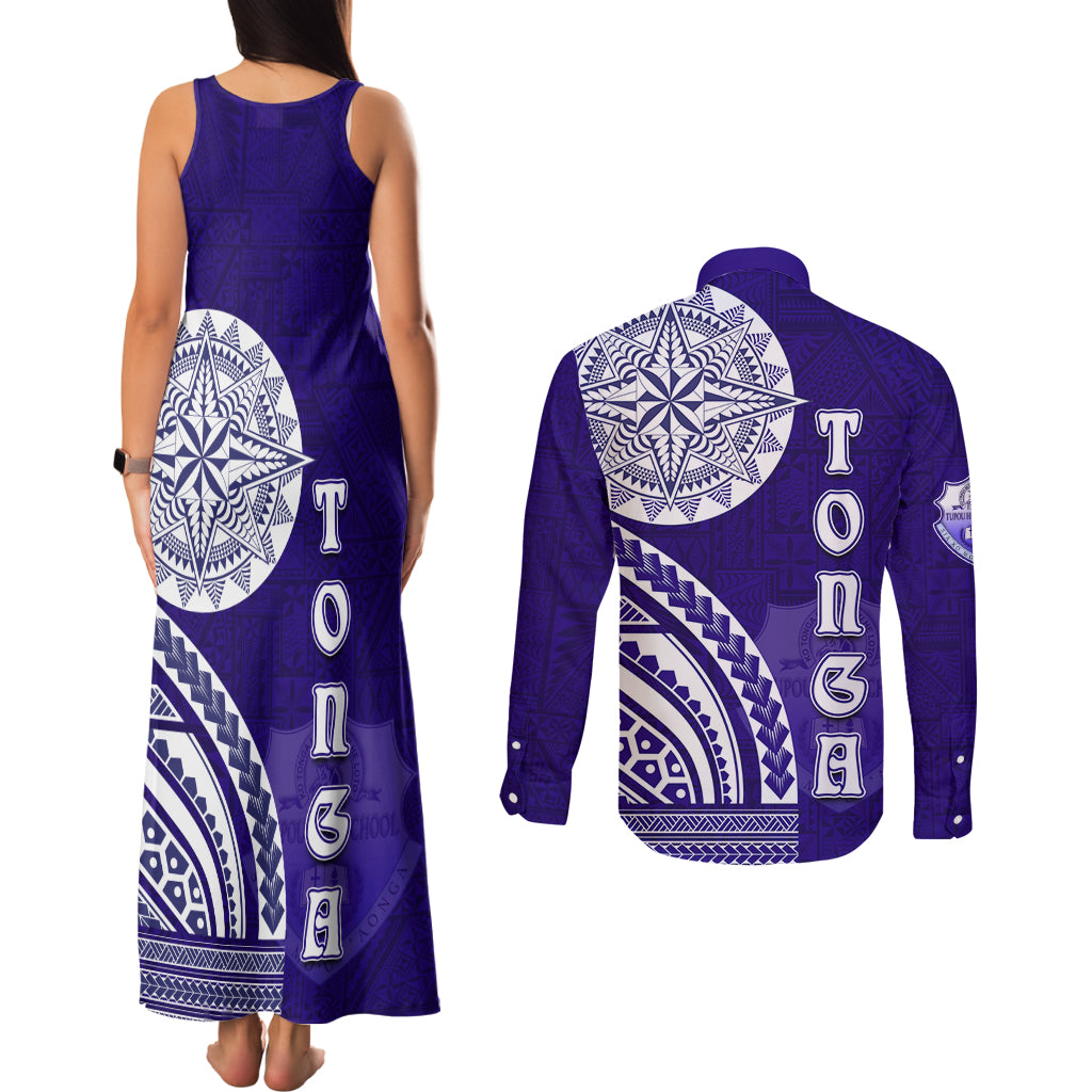 Tupou College Toloa Couples Matching Tank Maxi Dress and Long Sleeve Button Shirt Ngatu and Polynesian Pattern