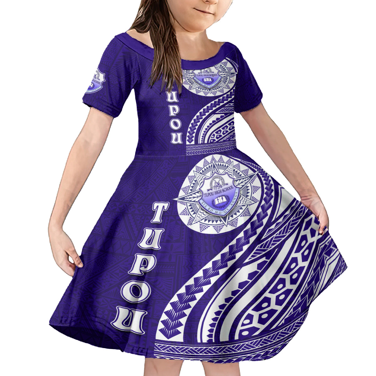 Tupou College Toloa Family Matching Off The Shoulder Long Sleeve Dress and Hawaiian Shirt Ngatu and Polynesian Pattern LT03 Daughter's Dress Blue - Polynesian Pride