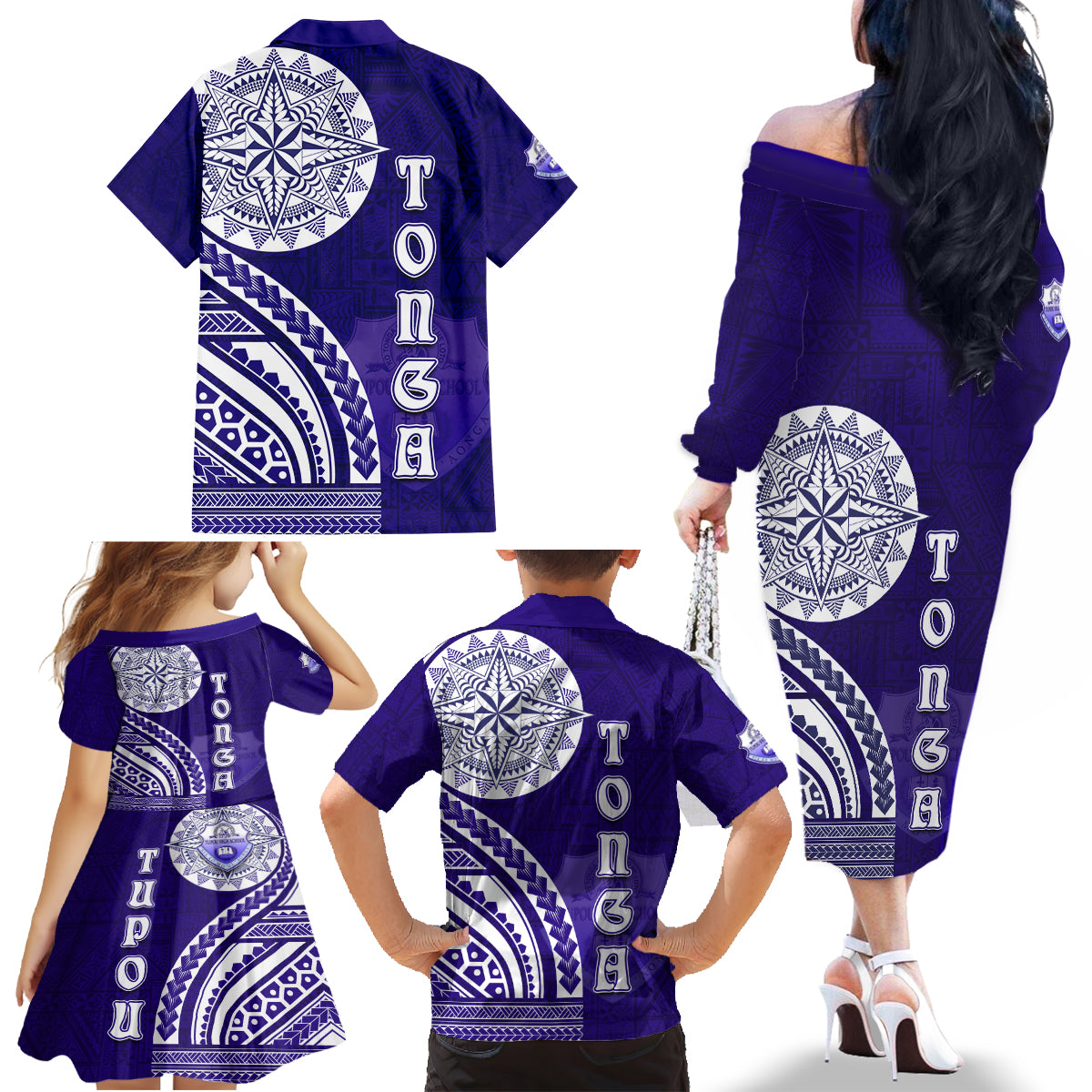 Tupou College Toloa Family Matching Off The Shoulder Long Sleeve Dress and Hawaiian Shirt Ngatu and Polynesian Pattern LT03 - Polynesian Pride