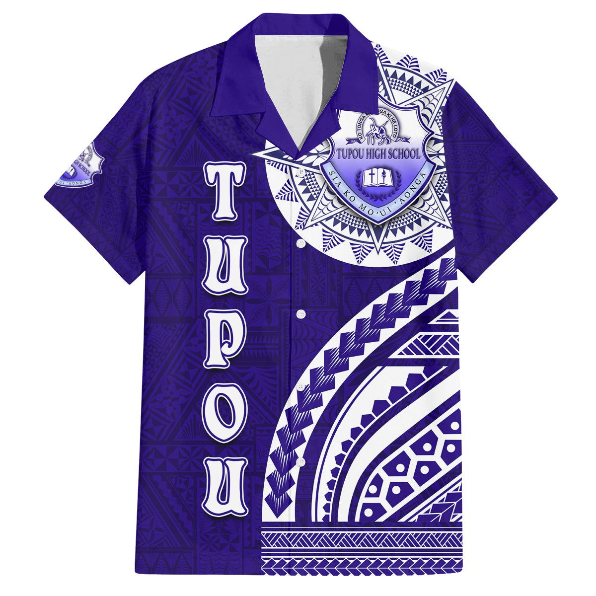 Tupou College Toloa Family Matching Off The Shoulder Long Sleeve Dress and Hawaiian Shirt Ngatu and Polynesian Pattern LT03 Dad's Shirt - Short Sleeve Blue - Polynesian Pride