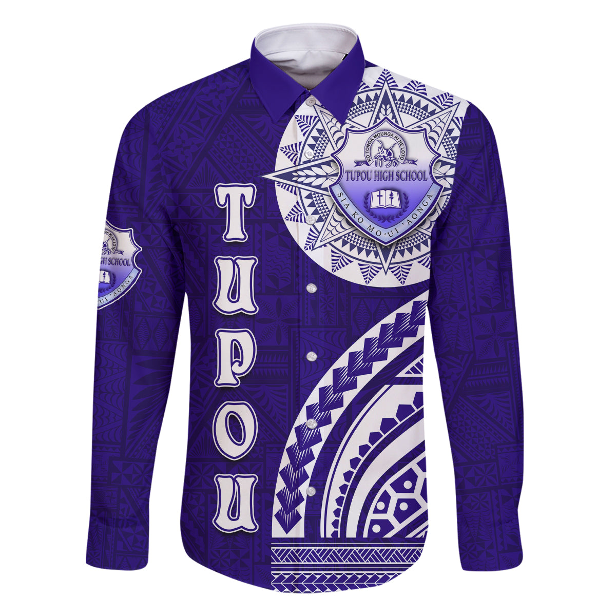 Tupou College Toloa Family Matching Off The Shoulder Long Sleeve Dress and Hawaiian Shirt Ngatu and Polynesian Pattern LT03 Dad's Shirt - Long Sleeve Blue - Polynesian Pride