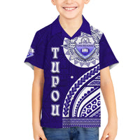 Tupou College Toloa Family Matching Off The Shoulder Long Sleeve Dress and Hawaiian Shirt Ngatu and Polynesian Pattern LT03 Son's Shirt Blue - Polynesian Pride