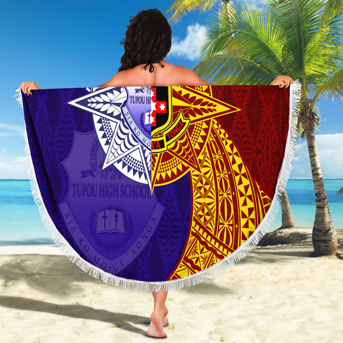 Kolisi Tonga Atele and Tupou College Toloa Beach Blanket Ngatu and Polynesian Spiral Pattern