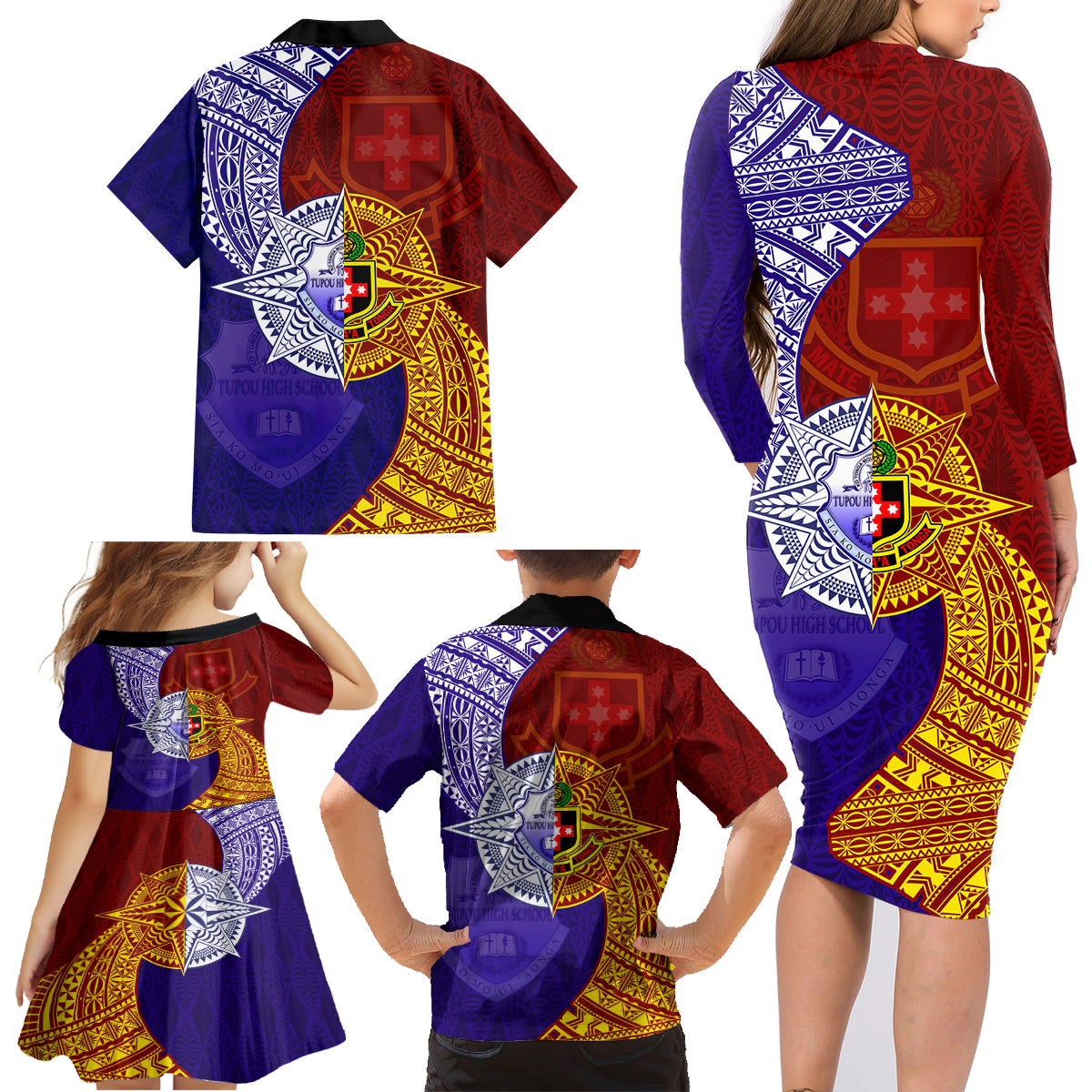Kolisi Tonga Atele and Tupou College Toloa Family Matching Long Sleeve Bodycon Dress and Hawaiian Shirt Ngatu and Polynesian Spiral Pattern LT03 - Polynesian Pride