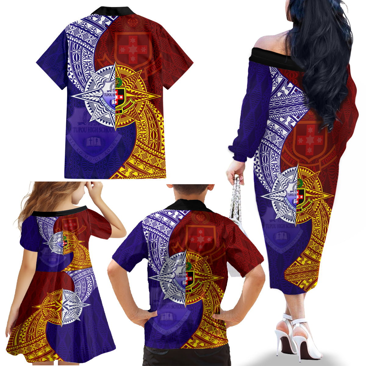 Kolisi Tonga Atele and Tupou College Toloa Family Matching Off The Shoulder Long Sleeve Dress and Hawaiian Shirt Ngatu and Polynesian Spiral Pattern LT03 - Polynesian Pride