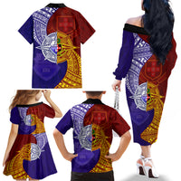 Kolisi Tonga Atele and Tupou College Toloa Family Matching Off The Shoulder Long Sleeve Dress and Hawaiian Shirt Ngatu and Polynesian Spiral Pattern LT03 - Polynesian Pride