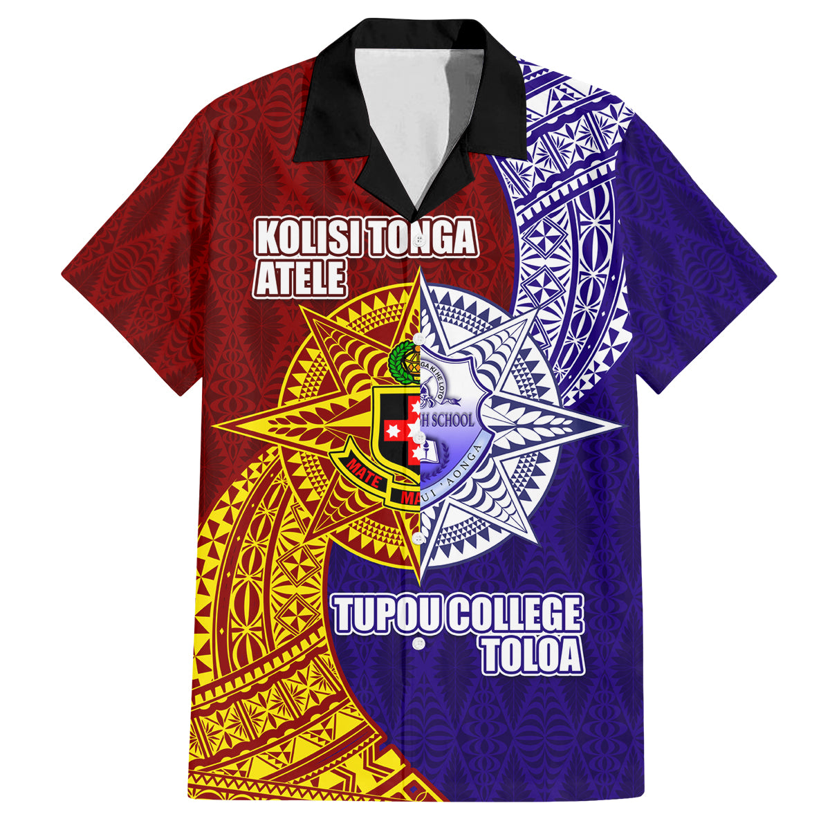 Kolisi Tonga Atele and Tupou College Toloa Family Matching Off The Shoulder Long Sleeve Dress and Hawaiian Shirt Ngatu and Polynesian Spiral Pattern LT03 Dad's Shirt - Short Sleeve Red - Polynesian Pride