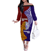 Kolisi Tonga Atele and Tupou College Toloa Family Matching Off The Shoulder Long Sleeve Dress and Hawaiian Shirt Ngatu and Polynesian Spiral Pattern LT03 Mom's Dress Red - Polynesian Pride