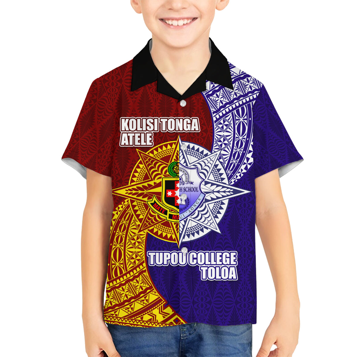 Kolisi Tonga Atele and Tupou College Toloa Family Matching Off The Shoulder Long Sleeve Dress and Hawaiian Shirt Ngatu and Polynesian Spiral Pattern LT03 Son's Shirt Red - Polynesian Pride