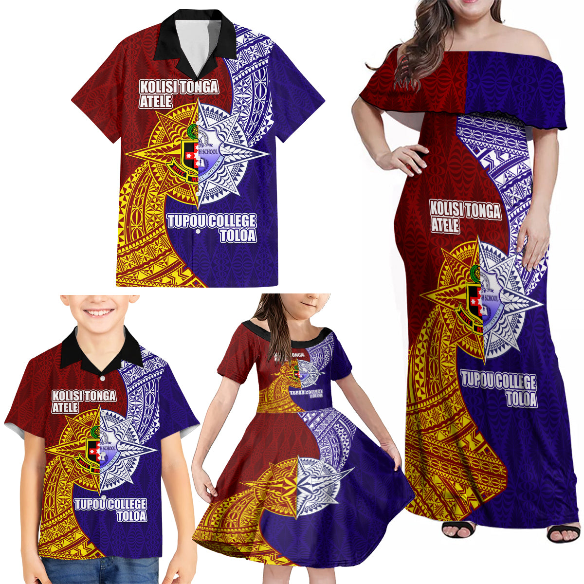 Kolisi Tonga Atele and Tupou College Toloa Family Matching Off Shoulder Maxi Dress and Hawaiian Shirt Ngatu and Polynesian Spiral Pattern LT03 - Polynesian Pride