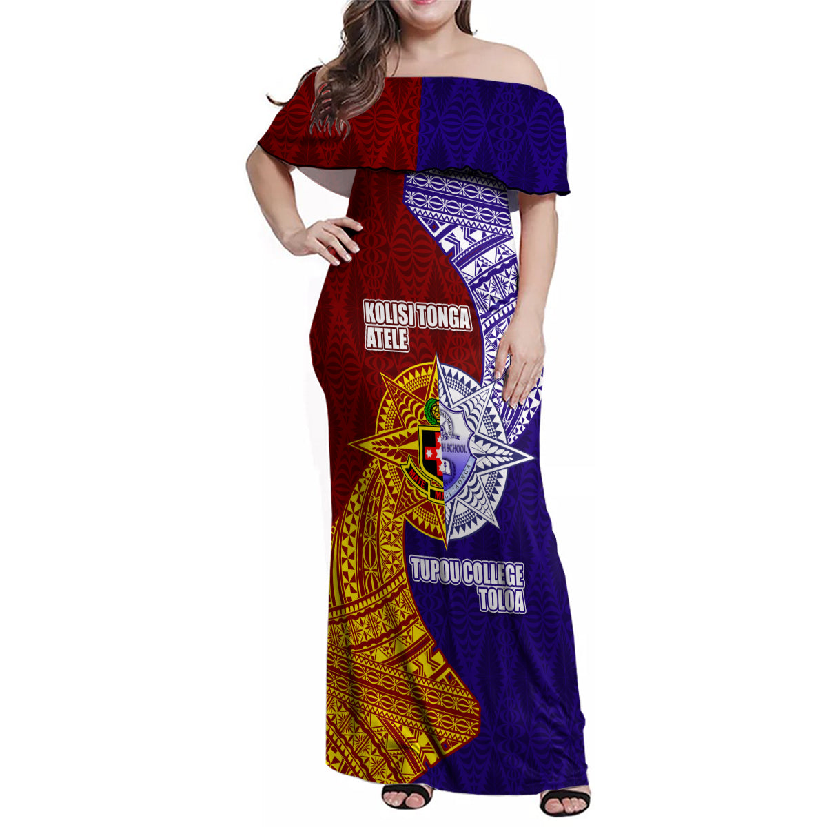Kolisi Tonga Atele and Tupou College Toloa Family Matching Off Shoulder Maxi Dress and Hawaiian Shirt Ngatu and Polynesian Spiral Pattern LT03 Mom's Dress Red - Polynesian Pride