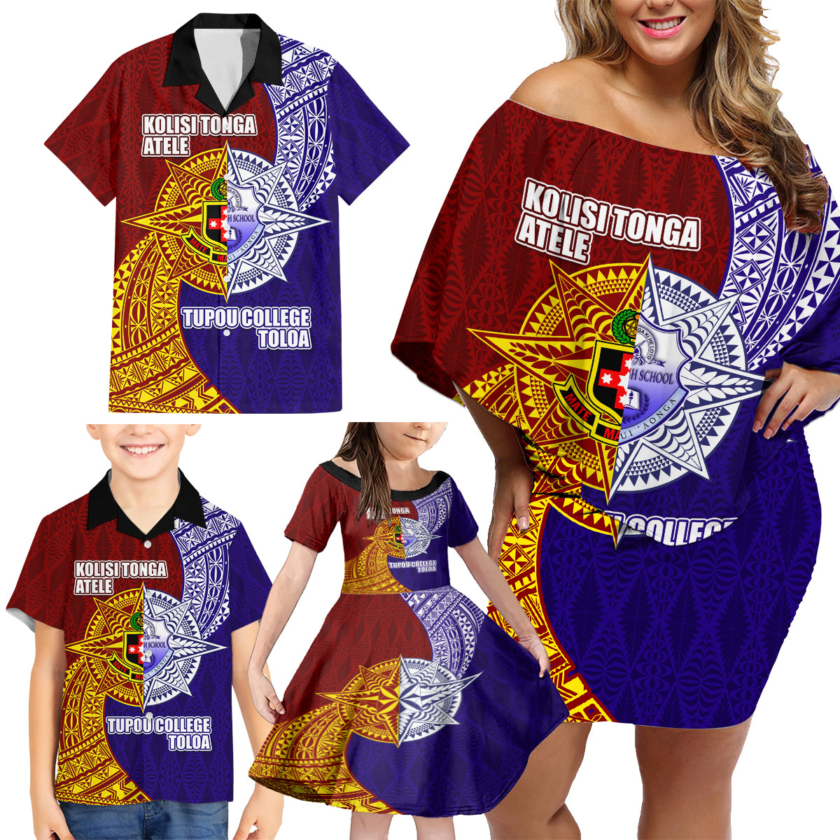 Kolisi Tonga Atele and Tupou College Toloa Family Matching Off Shoulder Short Dress and Hawaiian Shirt Ngatu and Polynesian Spiral Pattern LT03 - Polynesian Pride