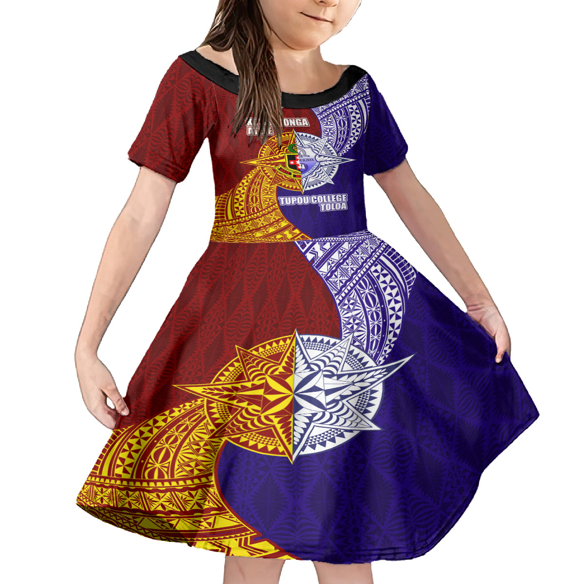 Kolisi Tonga Atele and Tupou College Toloa Family Matching Puletasi and Hawaiian Shirt Ngatu and Polynesian Spiral Pattern LT03 Daughter's Dress Red - Polynesian Pride