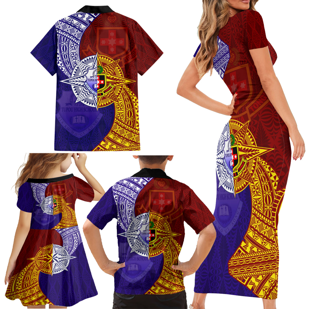 Kolisi Tonga Atele and Tupou College Toloa Family Matching Short Sleeve Bodycon Dress and Hawaiian Shirt Ngatu and Polynesian Spiral Pattern