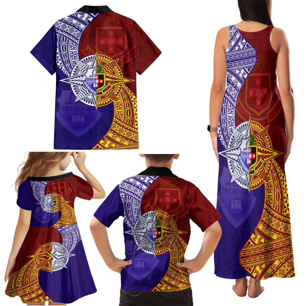 Kolisi Tonga Atele and Tupou College Toloa Family Matching Tank Maxi Dress and Hawaiian Shirt Ngatu and Polynesian Spiral Pattern LT03 - Polynesian Pride