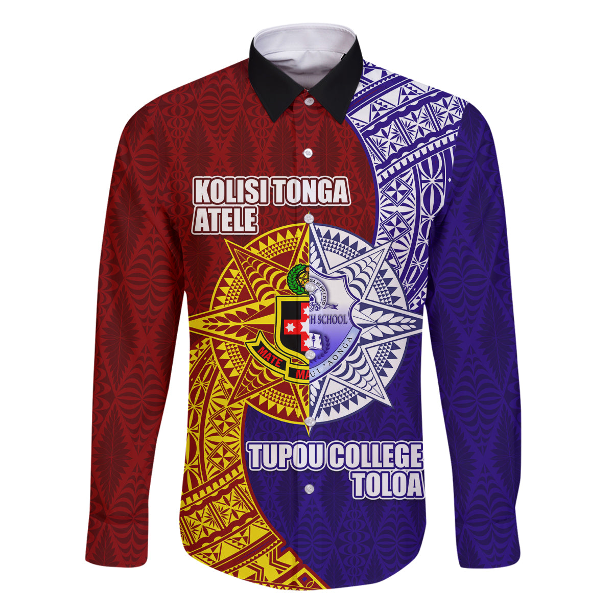 Kolisi Tonga Atele and Tupou College Toloa Family Matching Tank Maxi Dress and Hawaiian Shirt Ngatu and Polynesian Spiral Pattern LT03 Dad's Shirt - Long Sleeve Red - Polynesian Pride