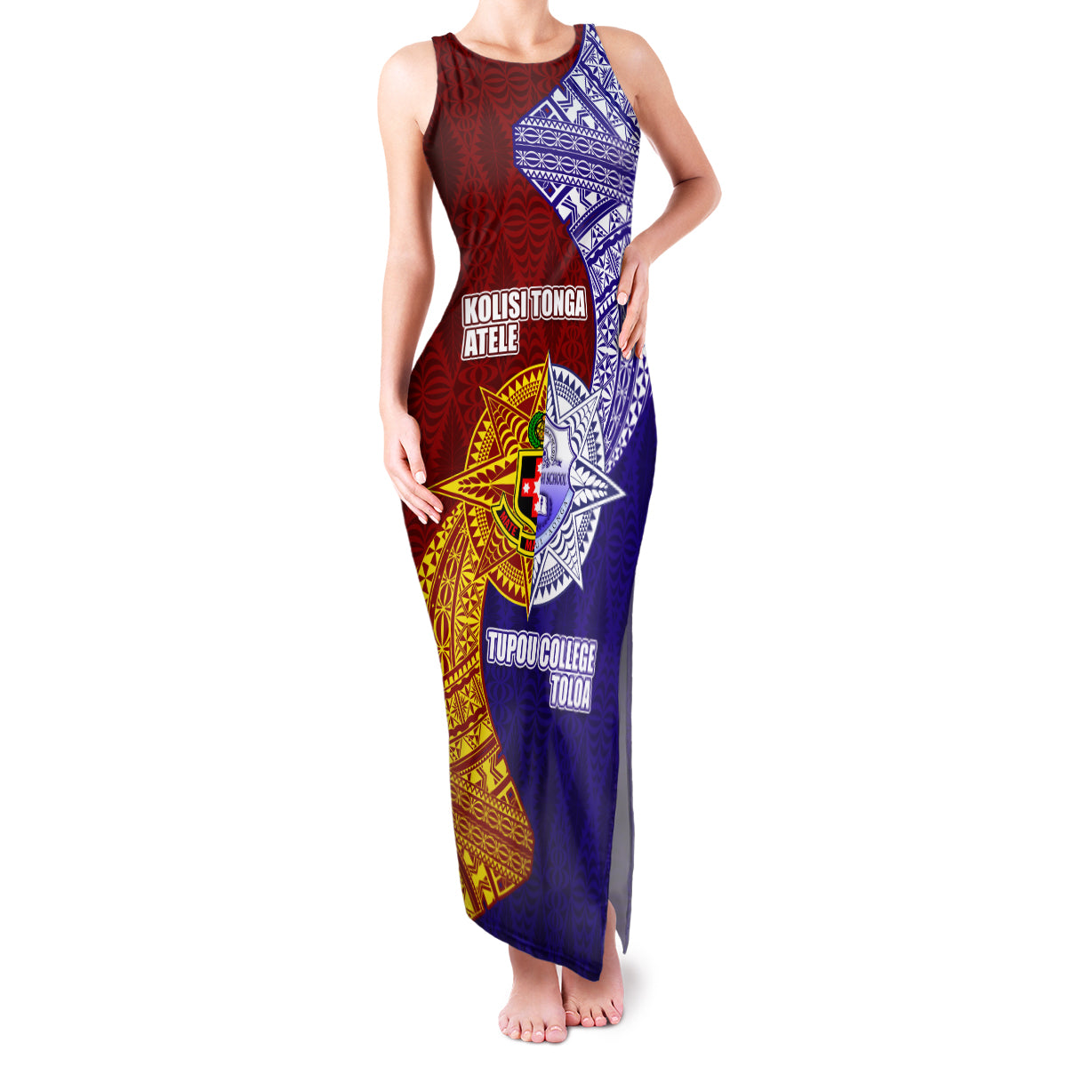 Kolisi Tonga Atele and Tupou College Toloa Family Matching Tank Maxi Dress and Hawaiian Shirt Ngatu and Polynesian Spiral Pattern LT03 Mom's Dress Red - Polynesian Pride