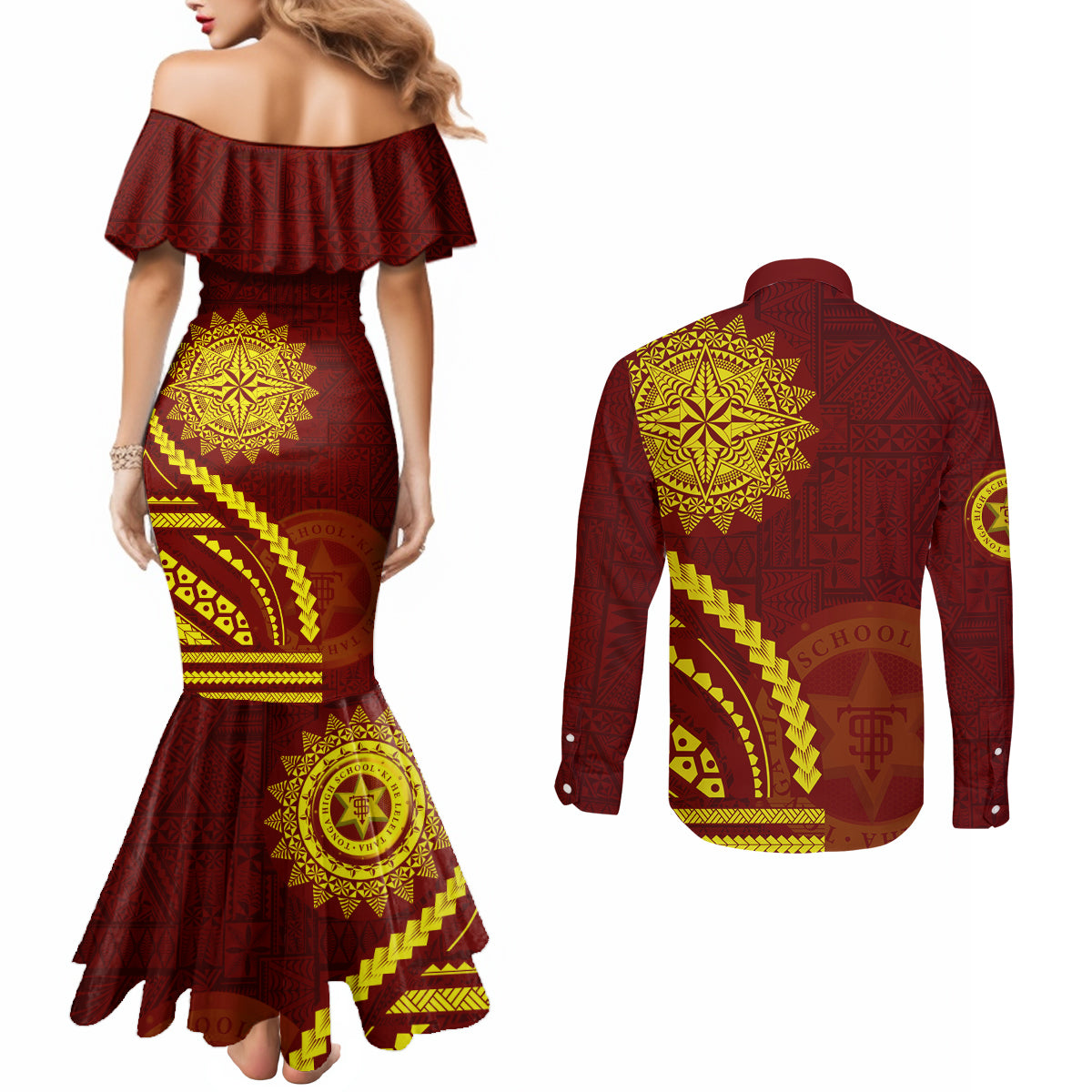 Tonga High School Couples Matching Mermaid Dress and Long Sleeve Button Shirt Ngatu and Polynesian Pattern