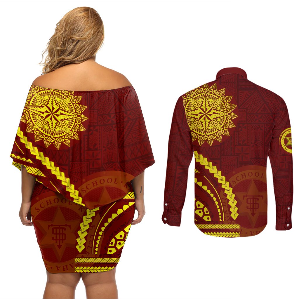 Tonga High School Couples Matching Off Shoulder Short Dress and Long Sleeve Button Shirt Ngatu and Polynesian Pattern