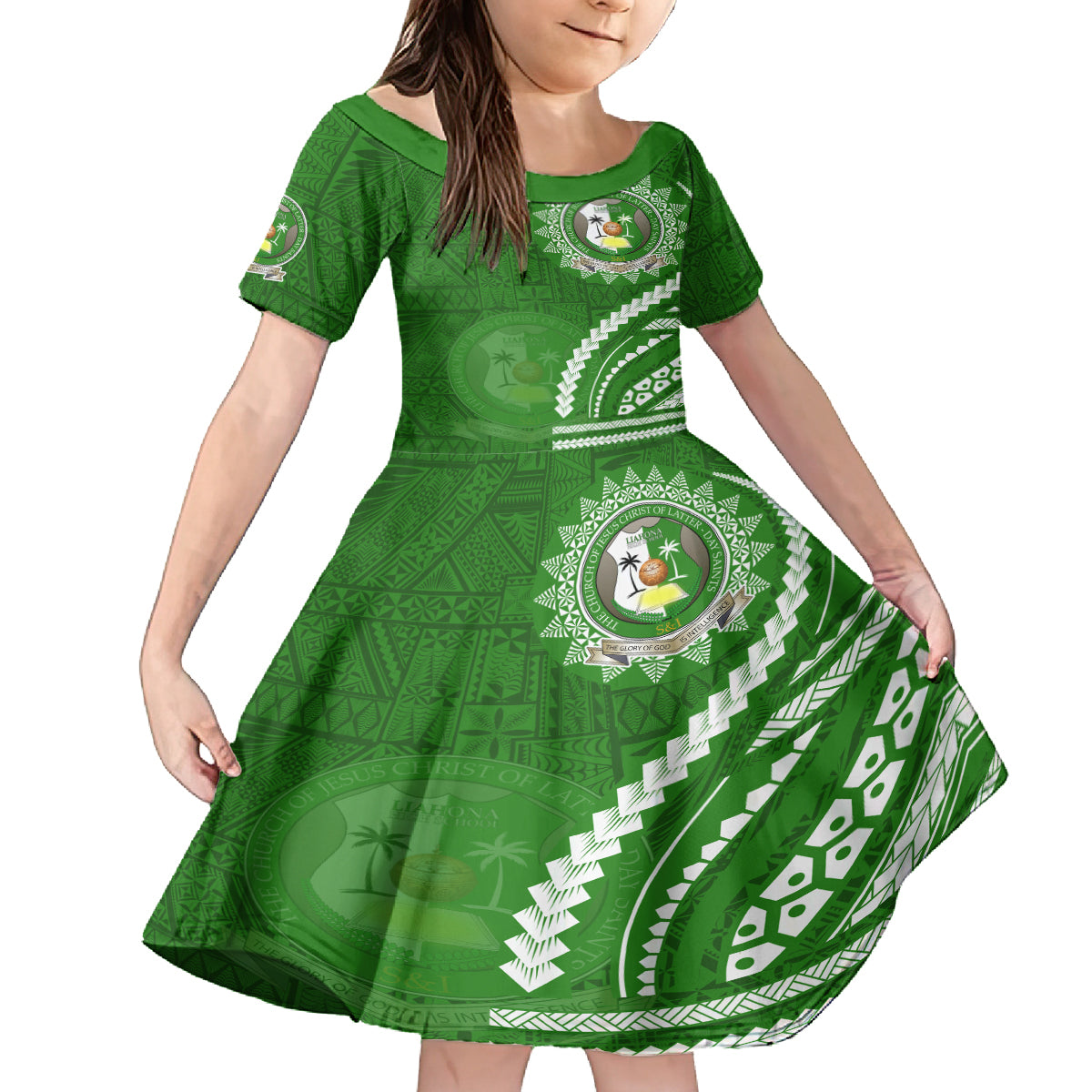Liahona High School Family Matching Off The Shoulder Long Sleeve Dress and Hawaiian Shirt Ngatu and Polynesian Pattern LT03 Daughter's Dress Green - Polynesian Pride