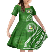 Liahona High School Family Matching Off The Shoulder Long Sleeve Dress and Hawaiian Shirt Ngatu and Polynesian Pattern LT03 Daughter's Dress Green - Polynesian Pride