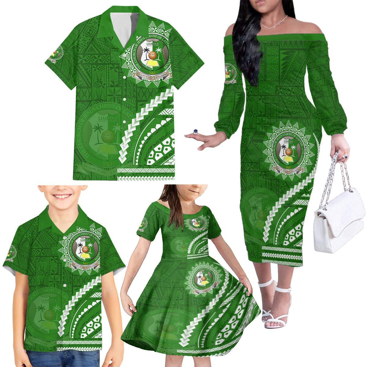 Liahona High School Family Matching Off The Shoulder Long Sleeve Dress and Hawaiian Shirt Ngatu and Polynesian Pattern LT03 - Polynesian Pride