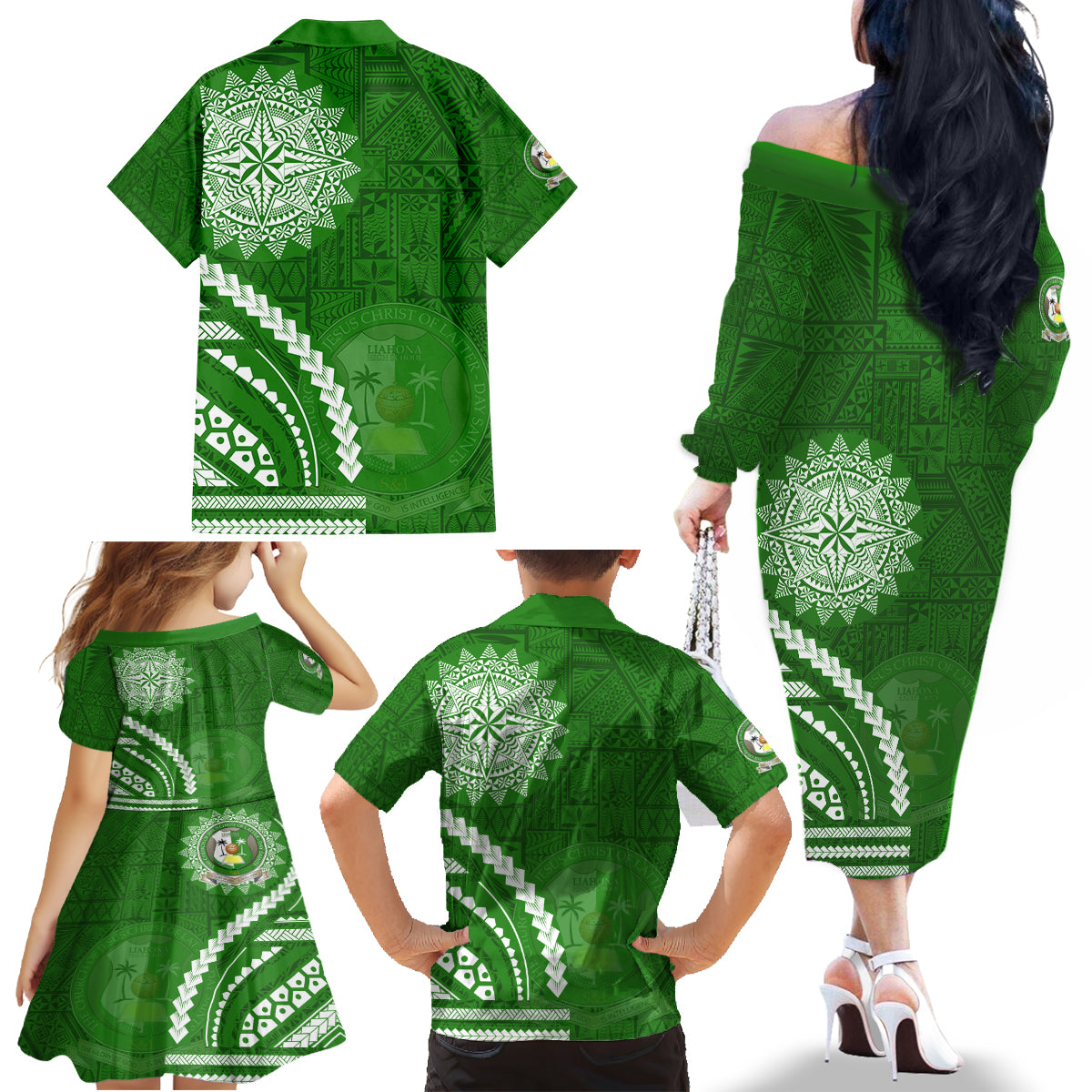 Liahona High School Family Matching Off The Shoulder Long Sleeve Dress and Hawaiian Shirt Ngatu and Polynesian Pattern LT03 - Polynesian Pride