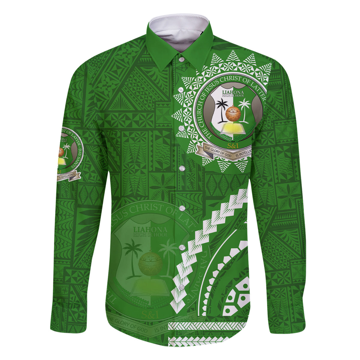 Liahona High School Family Matching Off The Shoulder Long Sleeve Dress and Hawaiian Shirt Ngatu and Polynesian Pattern LT03 Dad's Shirt - Long Sleeve Green - Polynesian Pride