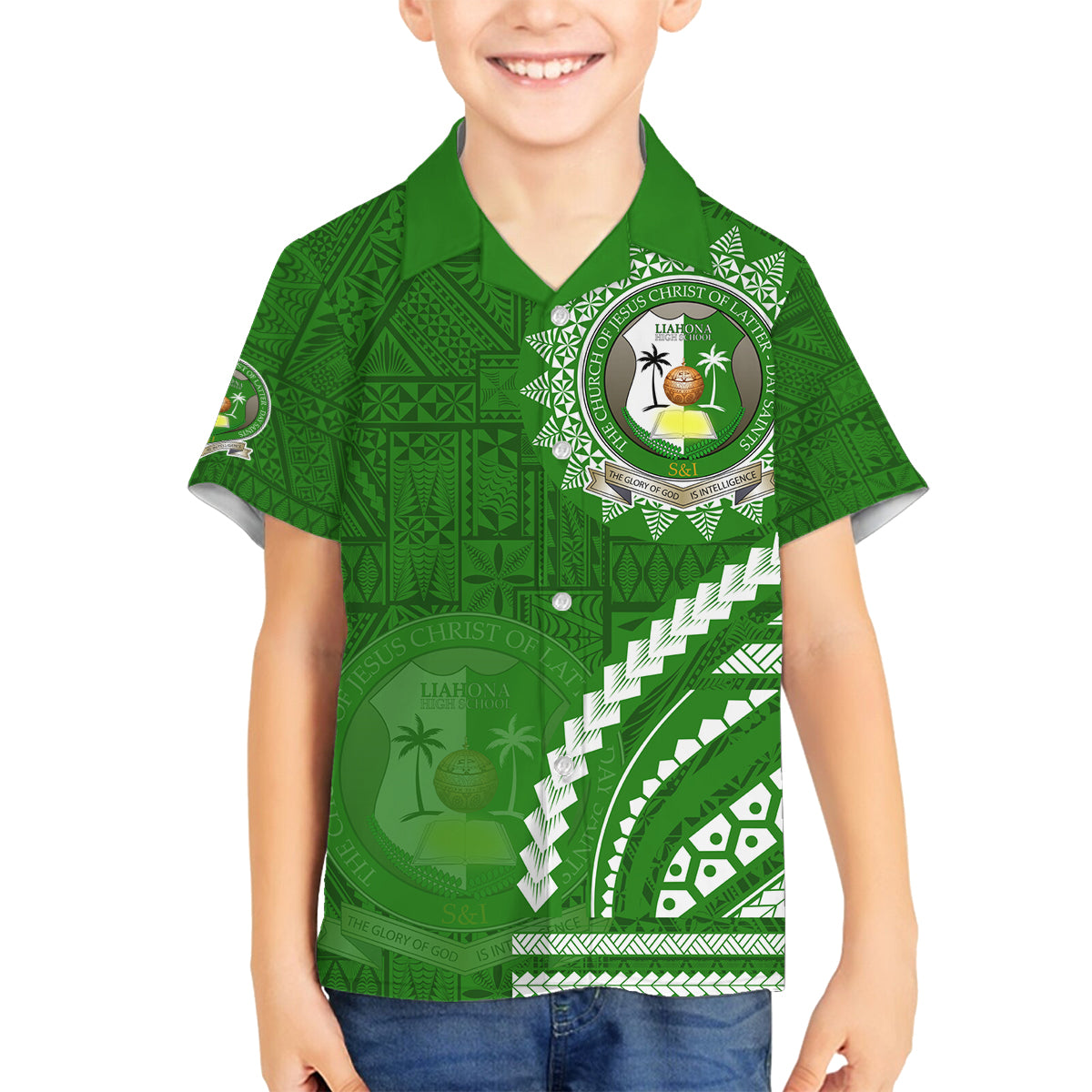 Liahona High School Family Matching Off The Shoulder Long Sleeve Dress and Hawaiian Shirt Ngatu and Polynesian Pattern LT03 Son's Shirt Green - Polynesian Pride