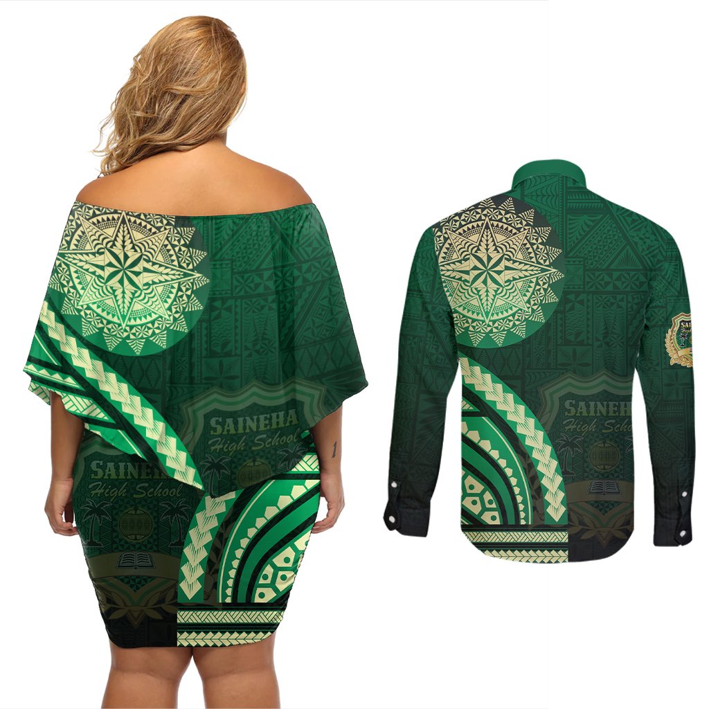 Saineha High School Couples Matching Off Shoulder Short Dress and Long Sleeve Button Shirt Ngatu and Polynesian Pattern