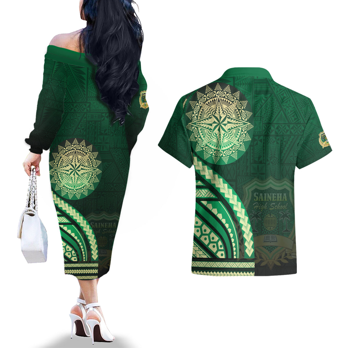 Saineha High School Couples Matching Off The Shoulder Long Sleeve Dress and Hawaiian Shirt Ngatu and Polynesian Pattern
