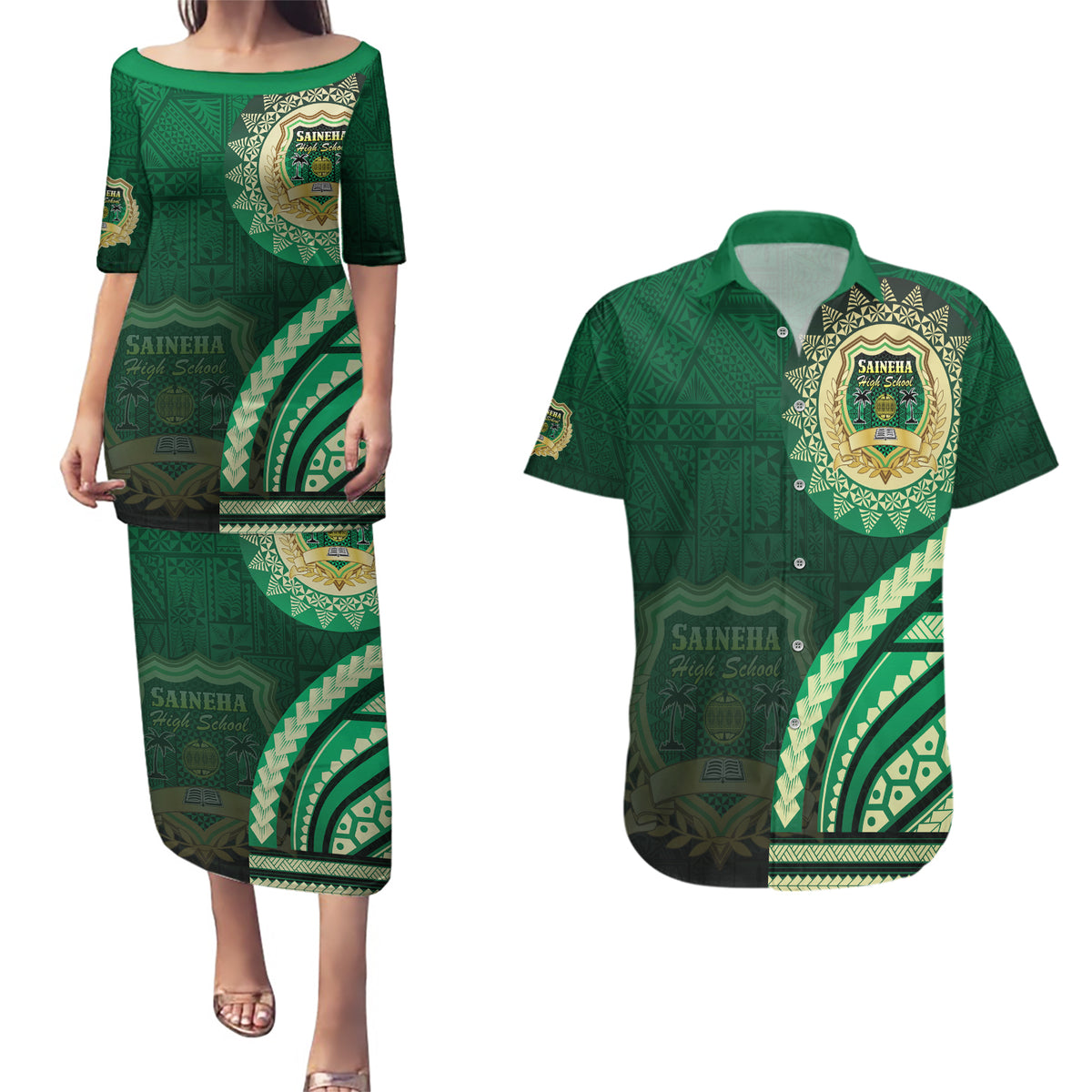 Saineha High School Couples Matching Puletasi and Hawaiian Shirt Ngatu and Polynesian Pattern