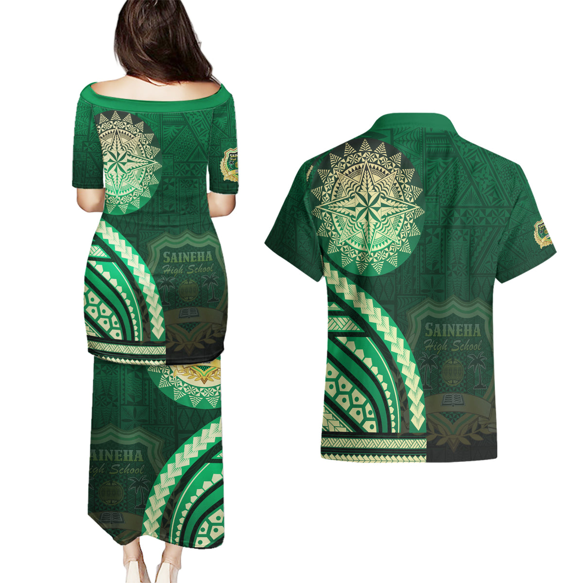 Saineha High School Couples Matching Puletasi and Hawaiian Shirt Ngatu and Polynesian Pattern