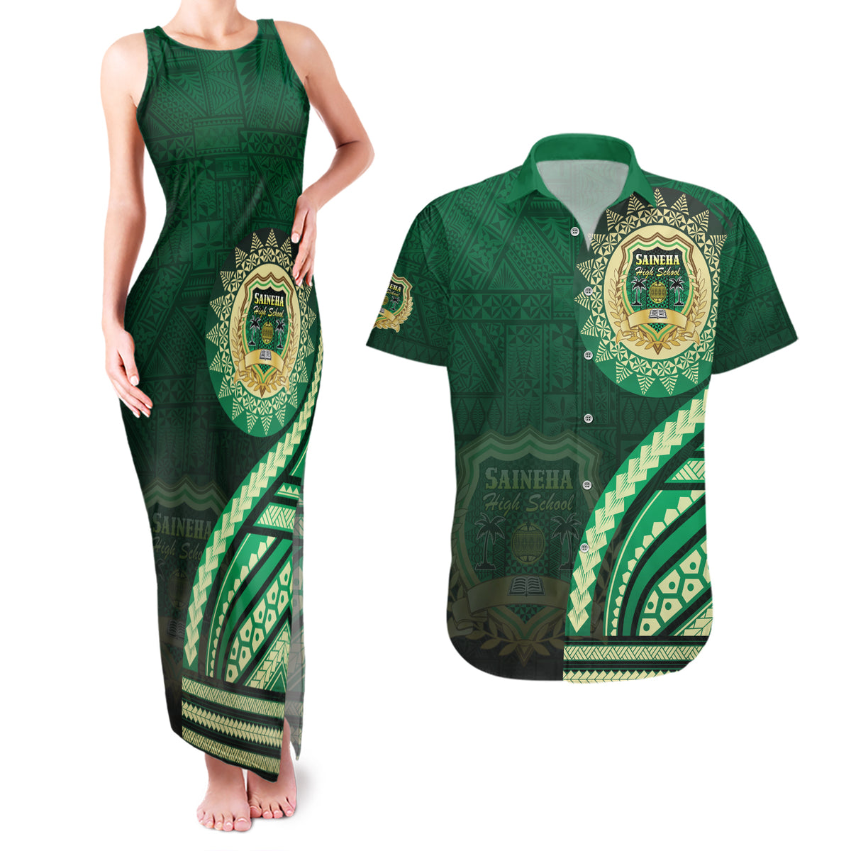 Saineha High School Couples Matching Tank Maxi Dress and Hawaiian Shirt Ngatu and Polynesian Pattern