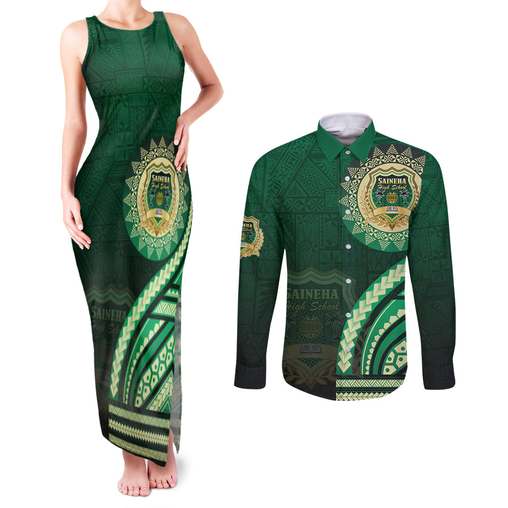 Saineha High School Couples Matching Tank Maxi Dress and Long Sleeve Button Shirt Ngatu and Polynesian Pattern