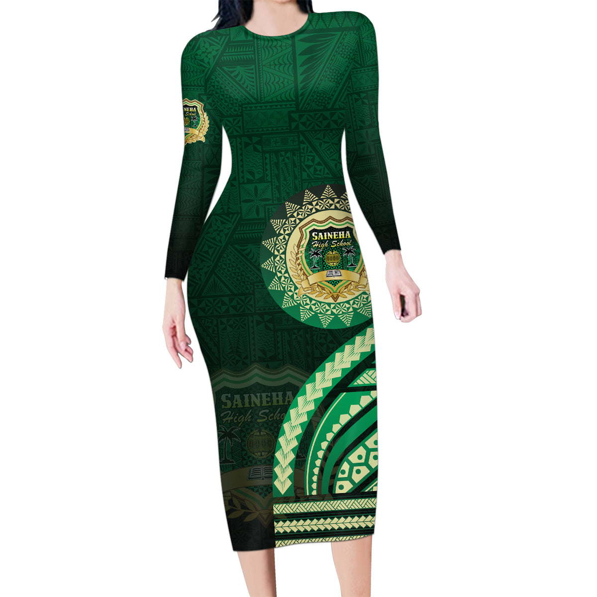 Saineha High School Family Matching Long Sleeve Bodycon Dress and Hawaiian Shirt Ngatu and Polynesian Pattern LT03 Mom's Dress Green - Polynesian Pride