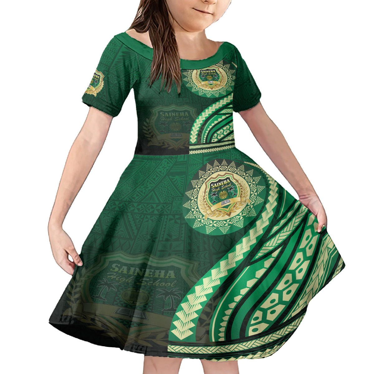 Saineha High School Family Matching Off The Shoulder Long Sleeve Dress and Hawaiian Shirt Ngatu and Polynesian Pattern LT03 Daughter's Dress Green - Polynesian Pride