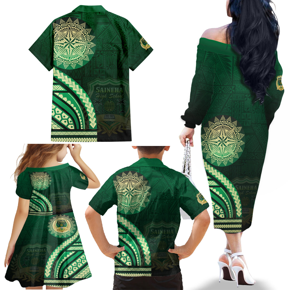 Saineha High School Family Matching Off The Shoulder Long Sleeve Dress and Hawaiian Shirt Ngatu and Polynesian Pattern LT03 - Polynesian Pride