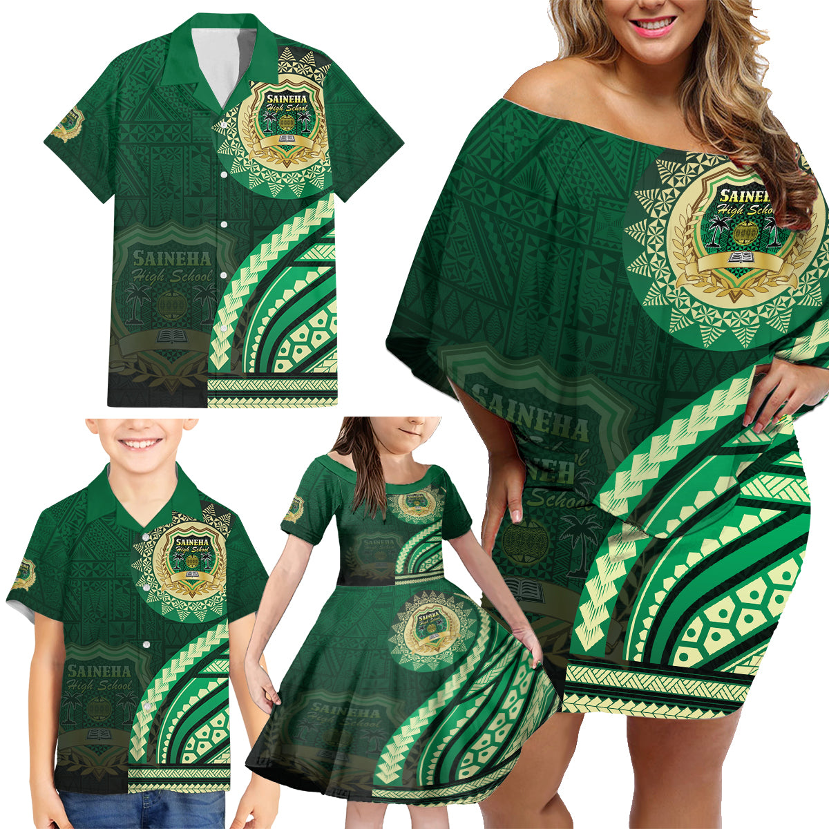 Saineha High School Family Matching Off Shoulder Short Dress and Hawaiian Shirt Ngatu and Polynesian Pattern LT03 - Polynesian Pride