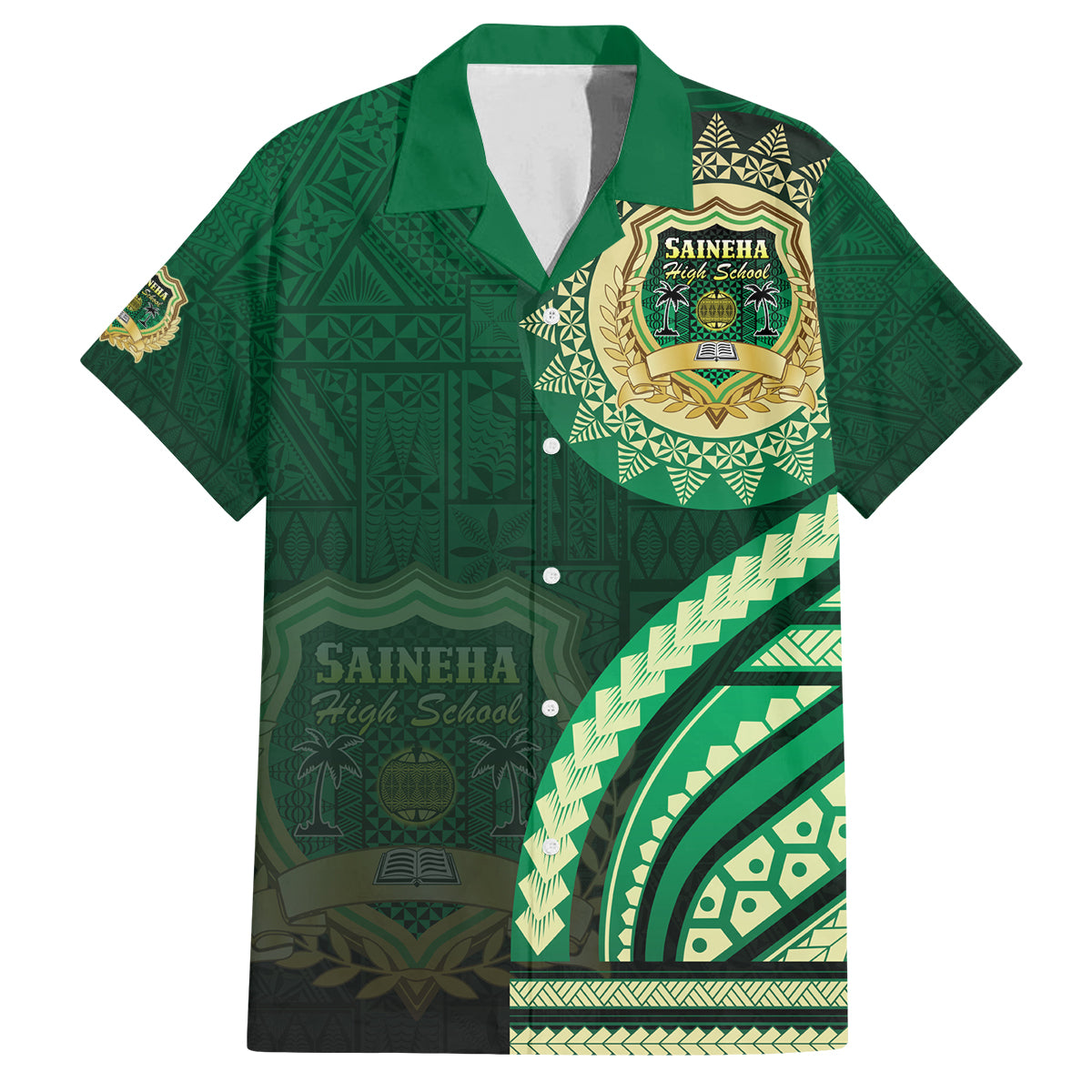 Saineha High School Family Matching Off Shoulder Short Dress and Hawaiian Shirt Ngatu and Polynesian Pattern LT03 Dad's Shirt - Short Sleeve Green - Polynesian Pride