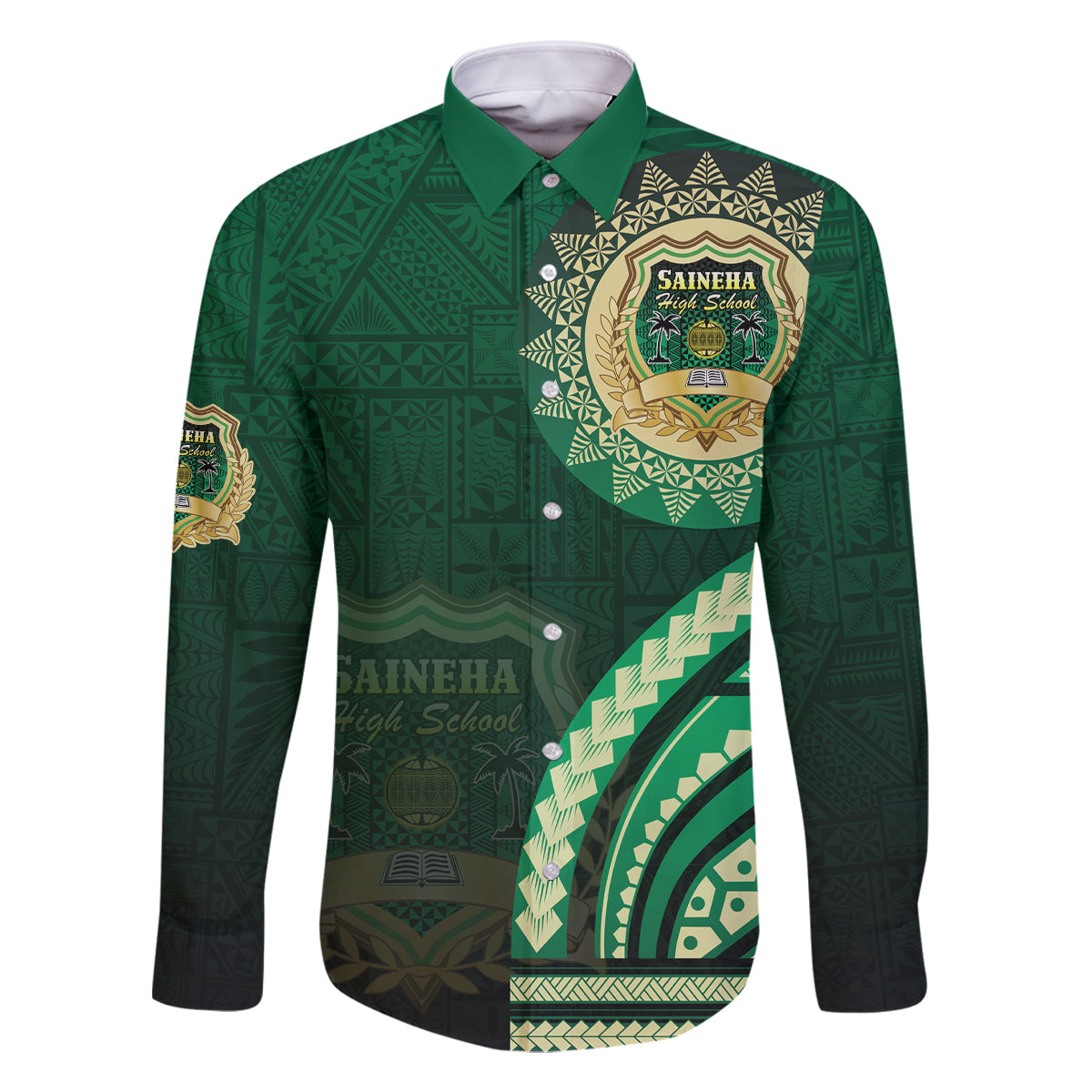 Saineha High School Family Matching Off Shoulder Short Dress and Hawaiian Shirt Ngatu and Polynesian Pattern LT03 Dad's Shirt - Long Sleeve Green - Polynesian Pride