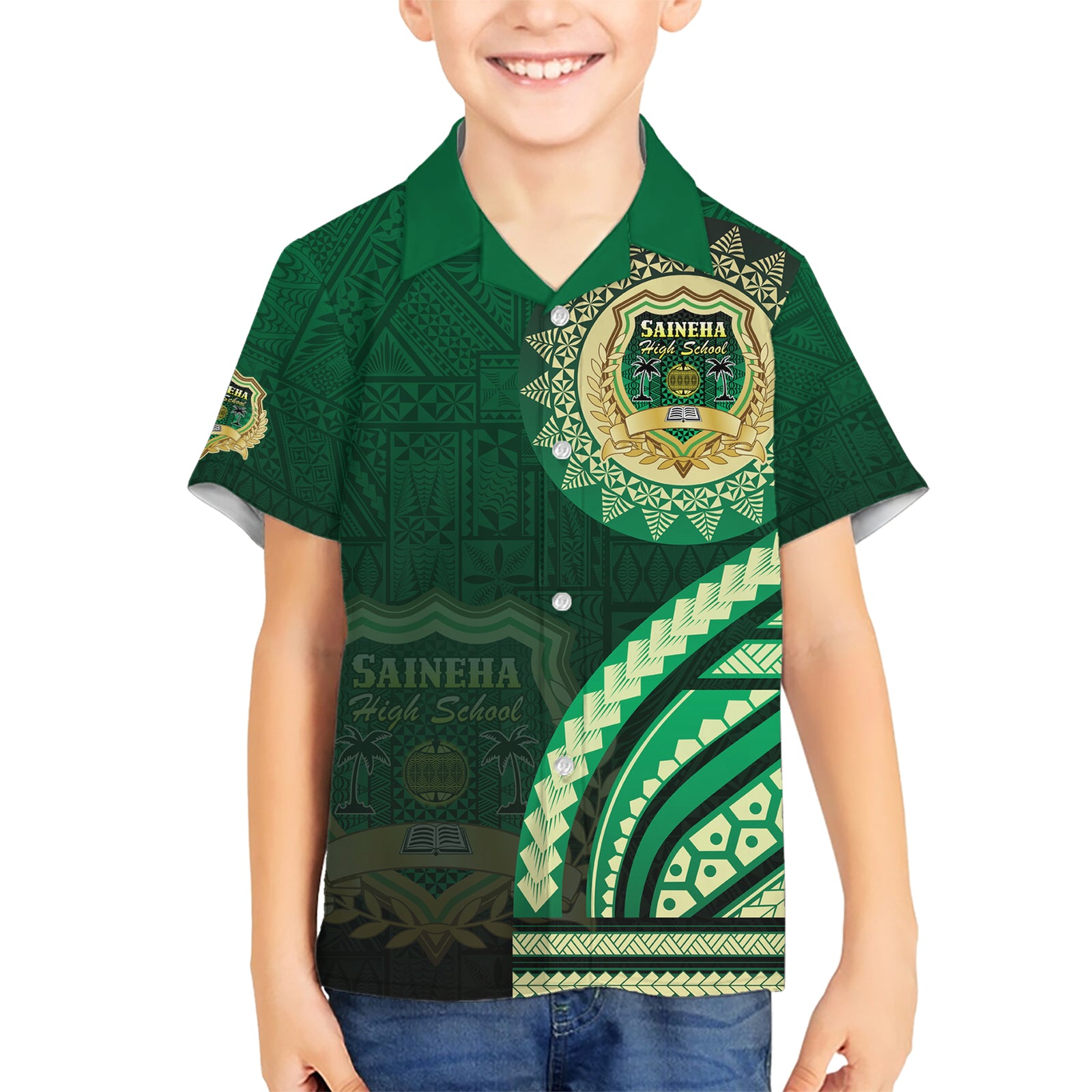 Saineha High School Kid Hawaiian Shirt Ngatu and Polynesian Pattern LT03 Kid Green - Polynesian Pride