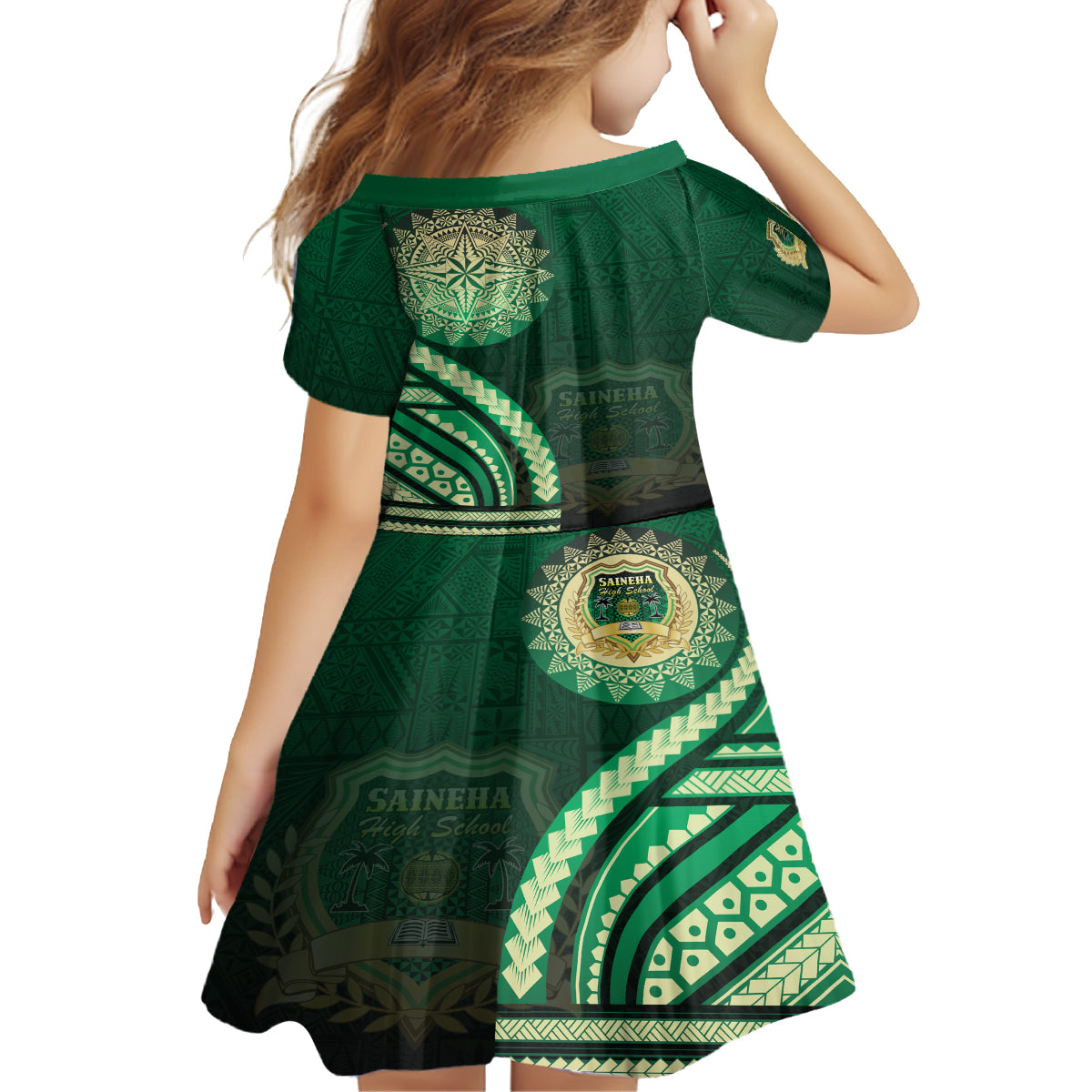 Saineha High School Kid Short Sleeve Dress Ngatu and Polynesian Pattern