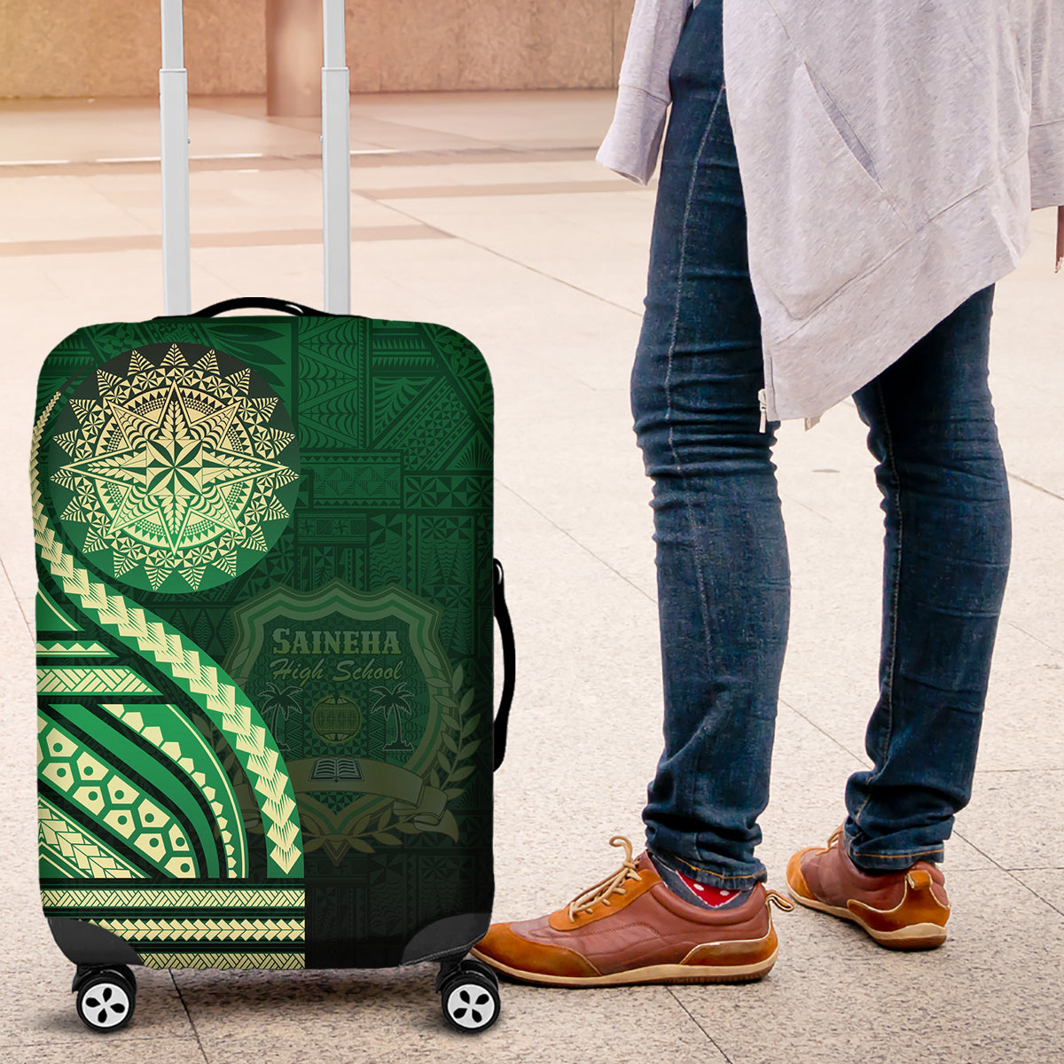 Saineha High School Luggage Cover Ngatu and Polynesian Pattern LT03 Green - Polynesian Pride