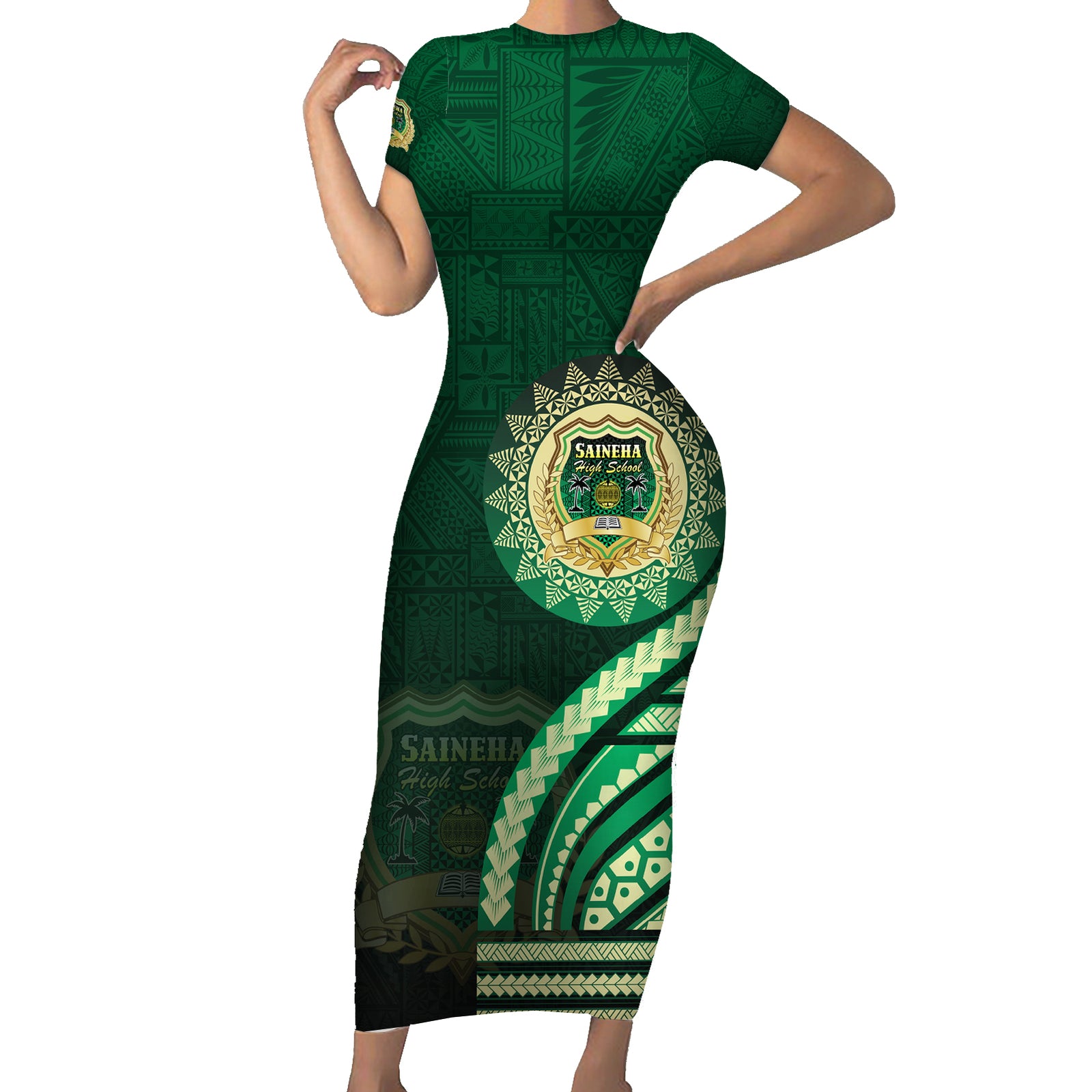 Saineha High School Short Sleeve Bodycon Dress Ngatu and Polynesian Pattern LT03 Long Dress Green - Polynesian Pride