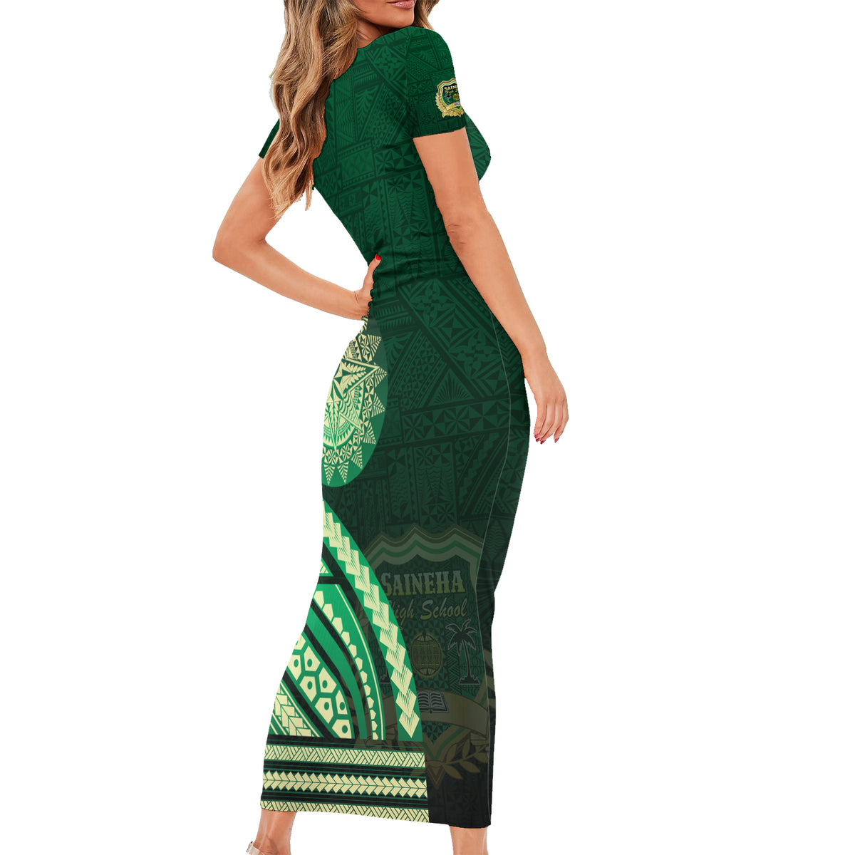 Saineha High School Short Sleeve Bodycon Dress Ngatu and Polynesian Pattern LT03 - Polynesian Pride