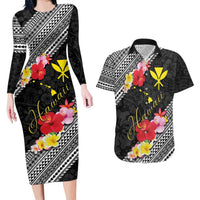 Aloha Hawaii Hibiscus and Plumeria Flowers Couples Matching Long Sleeve Bodycon Dress and Hawaiian Shirt Kanaka Maoli Tattoo Polynesian Pattern LT03 Black - Polynesian Pride