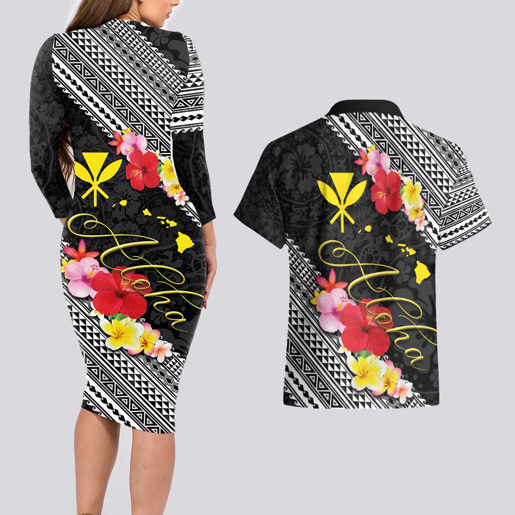 Aloha Hawaii Hibiscus and Plumeria Flowers Couples Matching Long Sleeve Bodycon Dress and Hawaiian Shirt Kanaka Maoli Tattoo Polynesian Pattern LT03 - Polynesian Pride